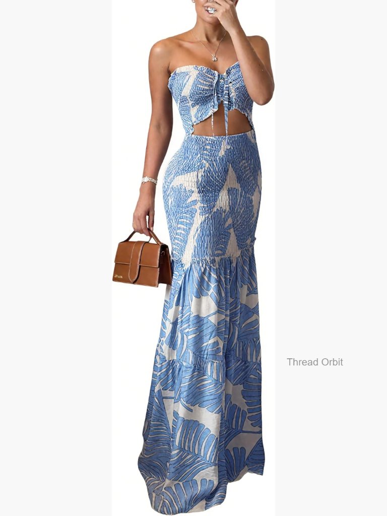 Strapless Mermaid Prom Dress With Ruffle Hem, Floral Print, Tie Front